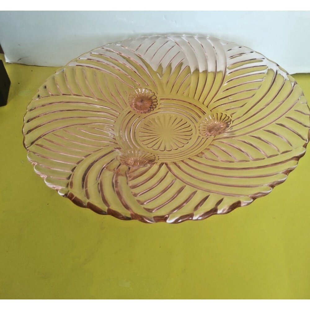 Anchor Hocking Prismatic Swirl pink depression glass 3-footed 10" Diameter